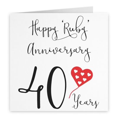 40th Wedding Anniversary Card - Happy 'Ruby' Anniversary - 40 Years - by Hunts England - Red Heart Collection