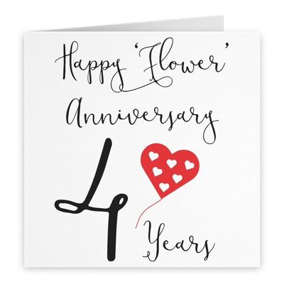 4th Wedding Anniversary Card - Happy 'Flower' Anniversary - 4 Years - by Hunts England - Red Heart Collection