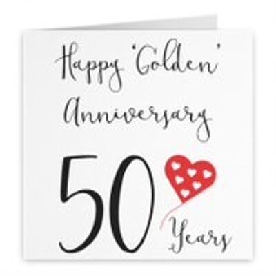 50th Wedding Anniversary Card - Happy 'Golden' Anniversary - 50 Years - by Hunts England - Red Heart Collection