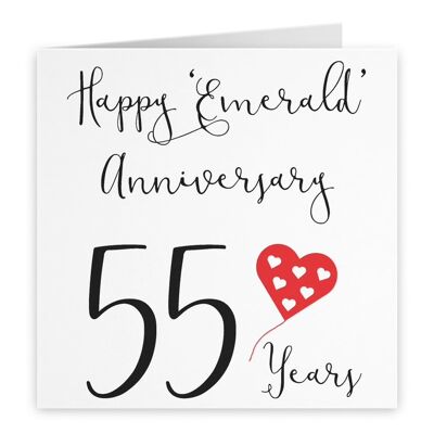 55th Wedding Anniversary Card - Happy 'Emerald' Anniversary - 55 Years - by Hunts England - Red Heart Collection