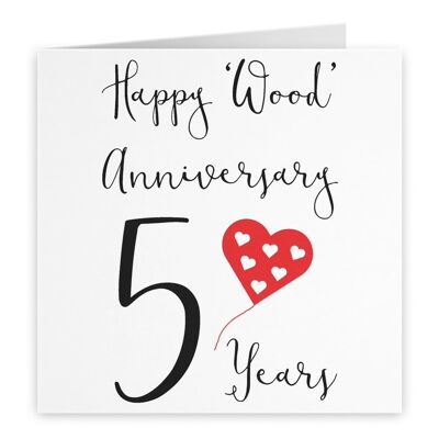 5th Wedding Anniversary Card - Happy 'Wood' Anniversary - 5 Years - by Hunts England - Red Heart Collection