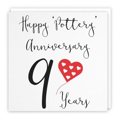 9th Wedding Anniversary Card - Happy 'Pottery' Anniversary - 9 Years - by Hunts England - Red Heart Collection