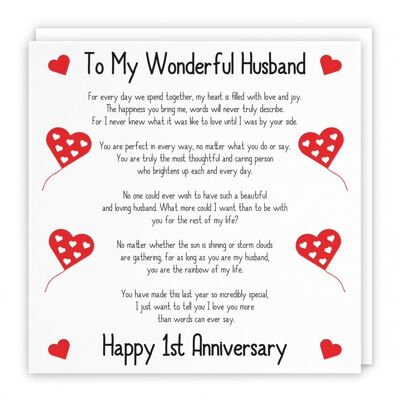Hunts England Romantic Husband 1st Wedding Anniversary Love Verse Card - To My Wonderful Husband - Happy 1st Anniversary - Romantic Verses Collection