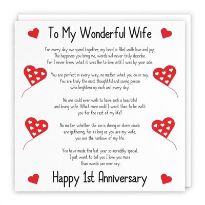 Hunts England Romantic Wife 1st Wedding Anniversary Love Verse Card - To My Wonderful Wife - Happy 1st Anniversary - Romantic Verses Collection