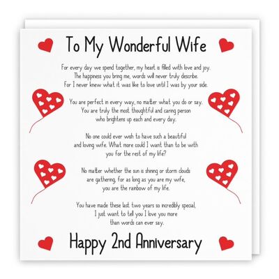 Hunts England Romantic Wife 2nd Wedding Anniversary Love Verse Card - To My Wonderful Wife - Happy 2nd Anniversary - Romantic Verses Collection