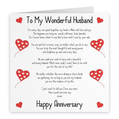 Hunts England Romantic Husband Wedding Anniversary Love Verse Card - To My Wonderful Husband - Happy Anniversary - Romantic Verses Collection