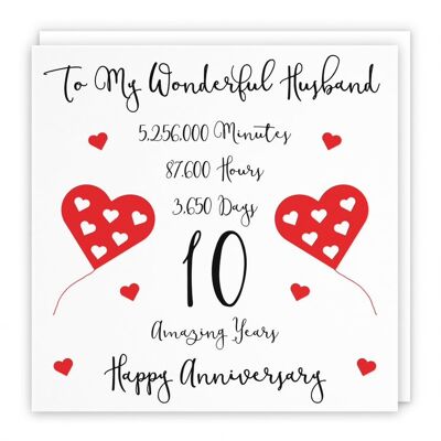 Hunts England Romantic Husband 10th Wedding Anniversary Card - To My Wonderful Husband - 10 Amazing Years - Timeless Collection