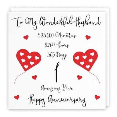 Hunts England Romantic Husband 1st Wedding Anniversary Card - To My Wonderful Husband - 1 Amazing Year - Timeless Collection