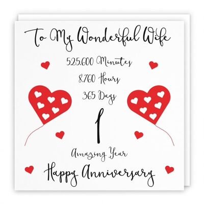 Hunts England Romantic Wife 1st Wedding Anniversary Card - To My Wonderful Wife - 1 Amazing Year - Timeless Collection
