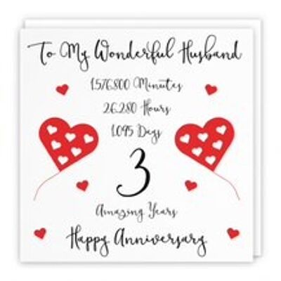 Hunts England Romantic Husband 3rd Wedding Anniversary Card - To My Wonderful Husband - 3 Amazing Years - Timeless Collection