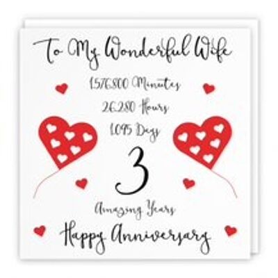 Hunts England Romantic Wife 3rd Wedding Anniversary Card - To My Wonderful Wife - 3 Amazing Years - Timeless Collection