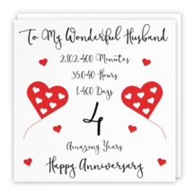 Hunts England Romantic Husband 4th Wedding Anniversary Card - To My Wonderful Husband - 4 Amazing Years - Timeless Collection