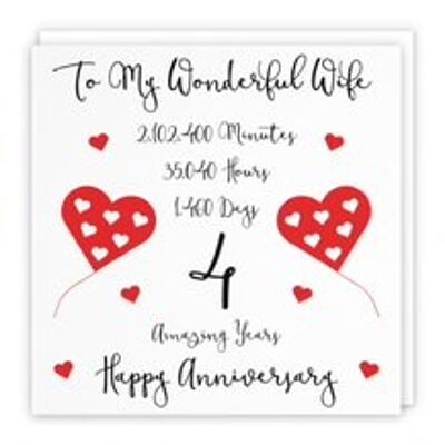 Hunts England Romantic Wife 4th Wedding Anniversary Card - To My Wonderful Wife - 4 Amazing Years - Timeless Collection