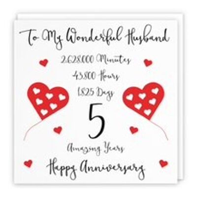 Hunts England Romantic Husband 5th Wedding Anniversary Card - To My Wonderful Husband - 5 Amazing Years - Timeless Collection