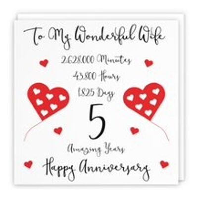 Hunts England Romantic Wife 5th Wedding Anniversary Card - To My Wonderful Wife - 5 Amazing Years - Timeless Collection