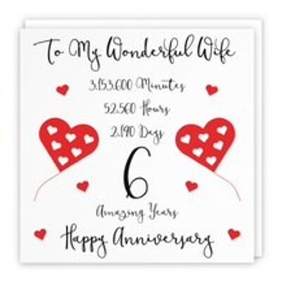 Hunts England Romantic Wife 6th Wedding Anniversary Card - To My Wonderful Wife - 6 Amazing Years - Timeless Collection