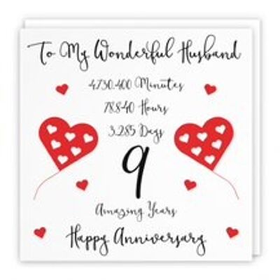 Hunts England Romantic Husband 9th Wedding Anniversary Card - To My Wonderful Husband - 9 Amazing Years - Timeless Collection