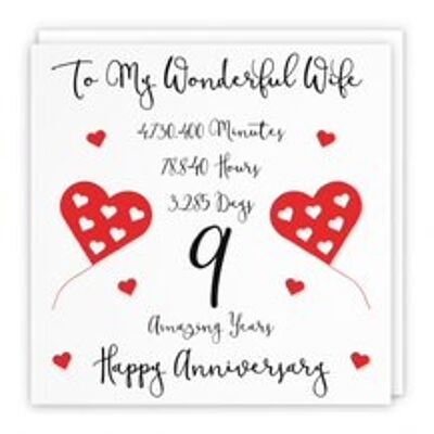 Hunts England Romantic Wife 9th Wedding Anniversary Card - To My Wonderful Wife - 9 Amazing Years - Timeless Collection