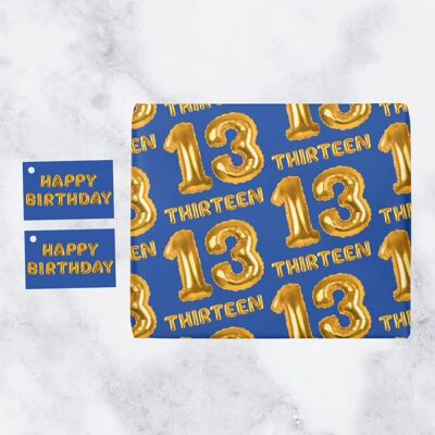 Hunts England 13th Birthday Premium Gift Wrapping Paper & Gift Tags (1 Sheet & 2 Tags) - 13 - Thirteen - Blue - Balloon Collection