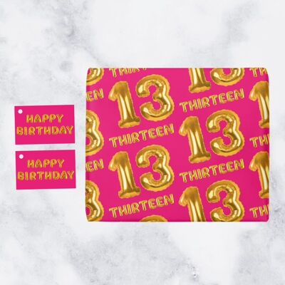 Hunts England 13th Birthday Premium Gift Wrapping Paper & Gift Tags (1 Sheet & 2 Tags) - 13 - Thirteen - Pink - Balloon Collection
