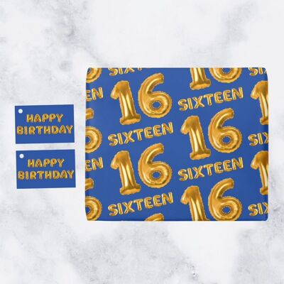 Hunts England 16th Birthday Premium Gift Wrapping Paper & Gift Tags (1 Sheet & 2 Tags) - 16 - Sixteen - Blue - Balloon Collection