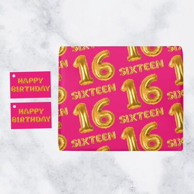 Hunts England 16th Birthday Premium Gift Wrapping Paper & Gift Tags (1 Sheet & 2 Tags) - 16 - Sixteen - Pink - Balloon Collection