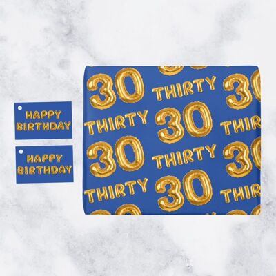Hunts England 30th Birthday Premium Gift Wrapping Paper & Gift Tags (1 Sheet & 2 Tags) - 30 - Thirty - Blue - Balloon Collection