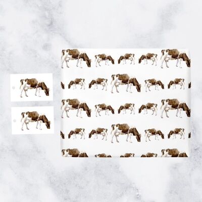 Hunts England Animal Gift Wrap And Tags (1 Sheet & 2 Tags) - Countryside Collection (Cow)