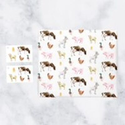 Hunts England Animal Gift Wrap And Tags (1 Sheet & 2 Tags) - Countryside Collection (Farm Animals)