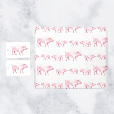 Hunts England Animal Gift Wrap And Tags (1 Sheet & 2 Tags) - Countryside Collection (Pig)