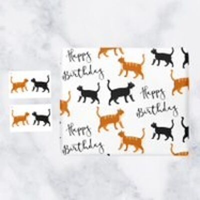 Hunts England Happy Birthday Cat Gift Wrap And Tags (1 Sheet & 2 Tags) - 'Happy Birthday' - Iconic Collection