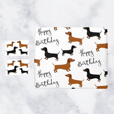 Hunts England Happy Birthday Dachshund Gift Wrap And Tags (1 Sheet & 2 Tags) - 'Happy Birthday' - Iconic Collection