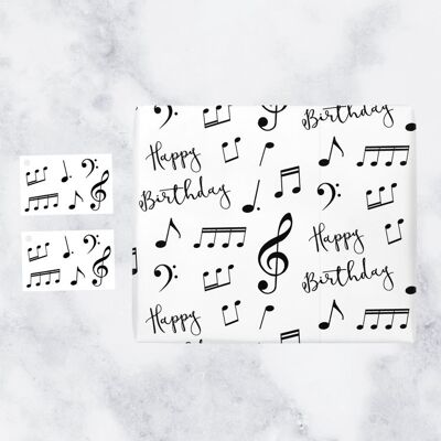 Hunts England Happy Birthday Music Notes Gift Wrap And Tags (1 Sheet & 2 Tags) - 'Happy Birthday' - Iconic Collection