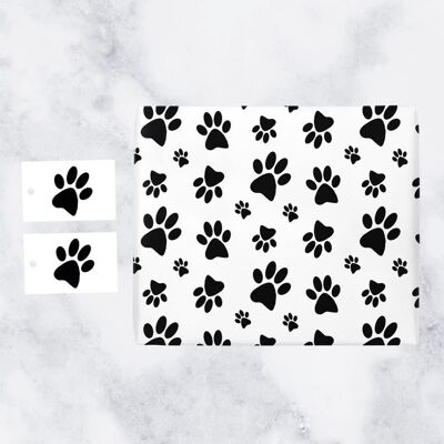 Paw Print Gift Wrap And Tags (1 Sheet & 2 Tags) - Iconic Collection - Ideal For Dog, Cat, Pet Lovers