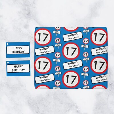 Hunts England 17th Birthday Premium Gift Wrapping Paper & Gift Tags (1 Sheet & 2 Tags) - 17 - Warning New Driver - Blue - Road Sign Collection