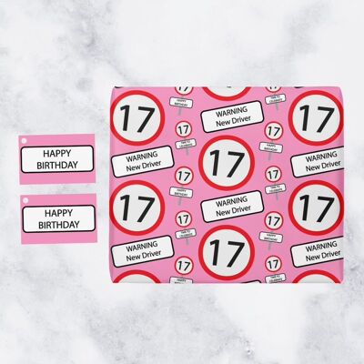Hunts England 17th Birthday Premium Gift Wrapping Paper & Gift Tags (1 Sheet & 2 Tags) - 17 - Warning New Driver - Pink - Road Sign Collection
