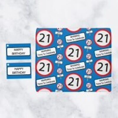 Hunts England 21st Birthday Premium Gift Wrapping Paper & Gift Tags (1 Sheet & 2 Tags) - 21 - Warning Time To Celebrate - Blue - Road Sign Collection