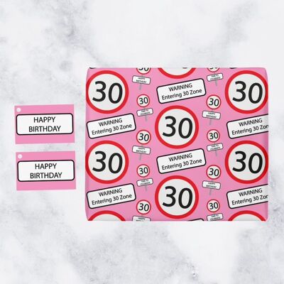 Hunts England 30th Birthday Premium Gift Wrapping Paper & Gift Tags (1 Sheet & 2 Tags) - 30 - Warning Entering 30 Zone - Pink - Road Sign Collection