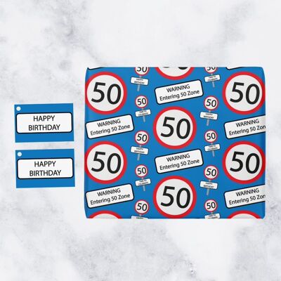 Hunts England 50th Birthday Premium Gift Wrapping Paper & Gift Tags (1 Sheet & 2 Tags) - 50 - Warning Entering 50 Zone - Blue - Road Sign Collection