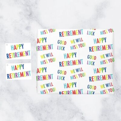 Retirement Gift Wrapping Paper and Gift Tags (1 Sheet & 2 Gift Tags) - Happy Retirement - Good Luck - We Will Miss You - Gift Wrap for Retirement Gifts - Colourful Collection