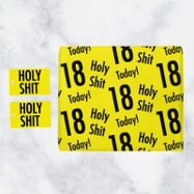 Holy Shit 18th Birthday Gift Wrapping Paper and Gift Tags (1 Sheet & 2 Gift Tags) - Holy Shit - 18 - Today! - by Hunts England - Holy Shit Collection
