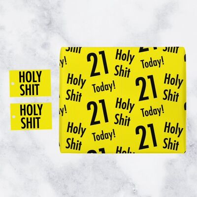 Holy Shit 21st Birthday Gift Wrapping Paper and Gift Tags (1 Sheet & 2 Gift Tags) - Holy Shit - 21 - Today! - by Hunts England - Holy Shit Collection