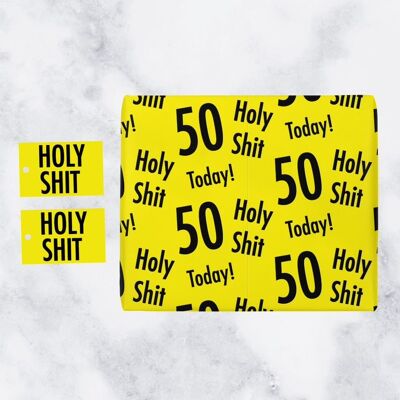 Holy Shit 50th Birthday Gift Wrapping Paper and Gift Tags (1 Sheet & 2 Gift Tags) - Holy Shit - 50 - Today! - by Hunts England - Holy Shit Collection