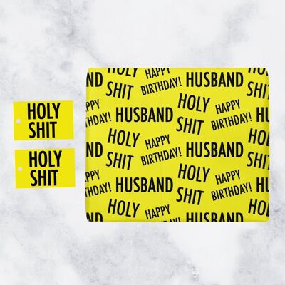Holy Shit Husband Birthday Gift Wrapping Paper & Gift Tags (1 Sheet & 2 Tags) - 'Holy Shit' - 'Husband' - 'Happy Birthday!' - Holy Shit Collection