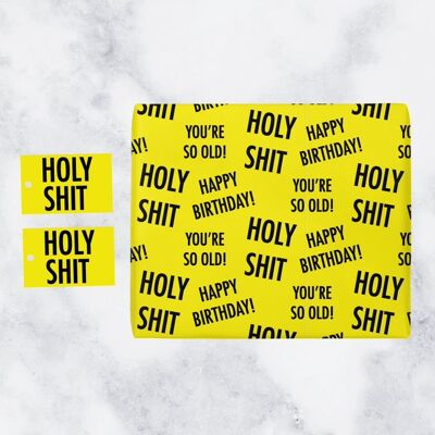 Holy Shit Rude Birthday Gift Wrapping Paper and Gift Tags (1 Sheet & 2 Gift Tags) - Holy Shit - Happy Birthday! - You're So Old! - by Hunts England - Holy Shit Collection