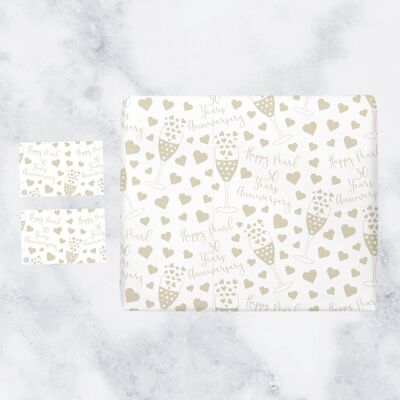 30th Pearl Wedding Anniversary Wrapping Paper & Gift Tags (1 Sheet & 2 Gift Tags) - Happy Pearl 30 Years Anniversary - Iconic Collection