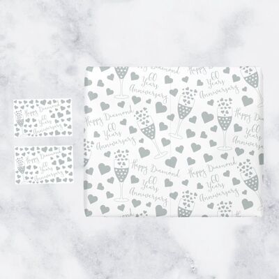 60th Diamond Wedding Anniversary Wrapping Paper and Tags (1 Sheet & 2 Tags) - by Hunts England - Iconic Collection