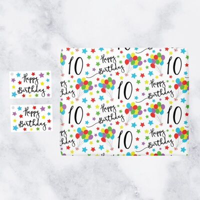 10th Birthday Gift Wrapping Paper & Gift Tags (1 Sheet & 2 Tags) - '10' - 'Happy Birthday' - Iconic Collection