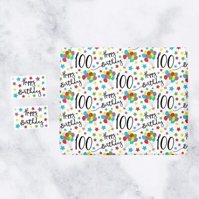 100th Birthday Gift Wrapping Paper & Gift Tags (1 Sheet & 2 Tags) - '100' - 'Happy Birthday' - Iconic Collection