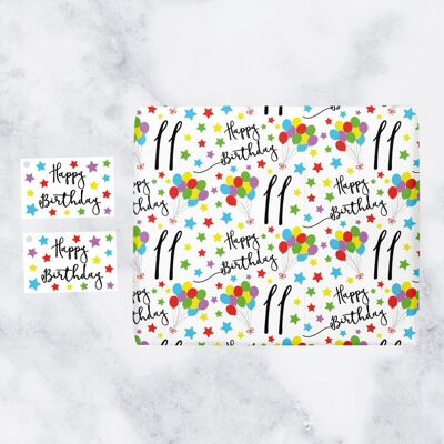 11th Birthday Gift Wrapping Paper & Gift Tags (1 Sheet & 2 Tags) - 11 - Happy Birthday - by Hunts England - Iconic Collection